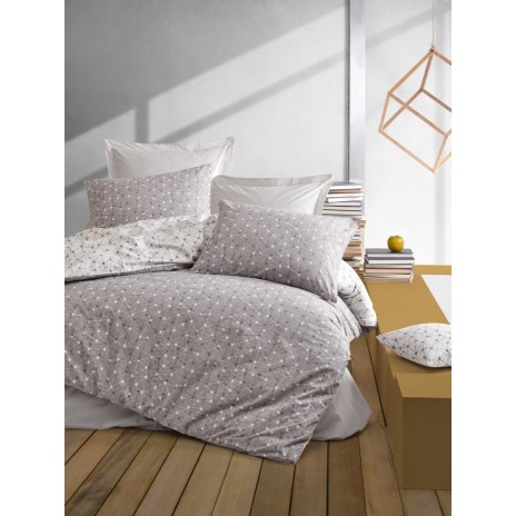 Lenjerie de pat dublu din bumbac 100% ranforce, model Cotton Box Mottle Mink, cu motive geometrice subtile în nuanțe de gri și alb.