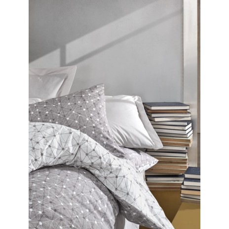 Lenjerie de pat dublu din bumbac 100% ranforce, model Cotton Box Mottle Mink, cu motive geometrice subtile în nuanțe de gri și alb.
