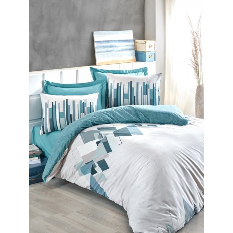 Lenjerie pat dublu bumbac 100% ranforce Cotton Box Nesto Petrol, design geometric în petrol și alb.