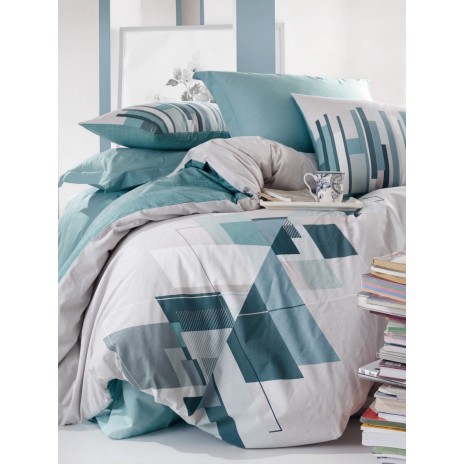 Lenjerie pat dublu bumbac 100% ranforce Cotton Box Nesto Petrol, design geometric în petrol și alb.
