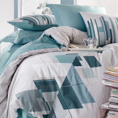 Lenjerie pat dublu bumbac 100% ranforce Cotton Box Nesto Petrol, design geometric în petrol și alb.