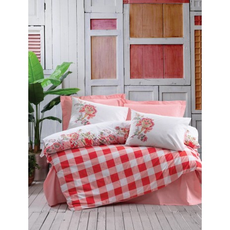 Lenjerie de pat din bumbac 100% ranforce, model Oregano Pink, motive florale și carouri în nuanțe de roz, roșu și alb