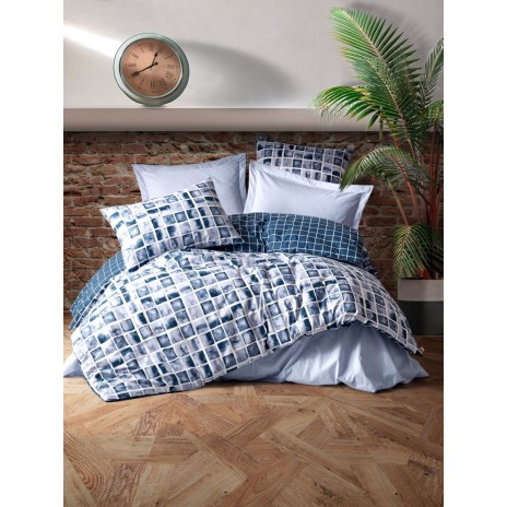 Lenjerie de pat dublu bumbac 100% Ranforce Palo Blue cu design modern în carouri albastre și albe
