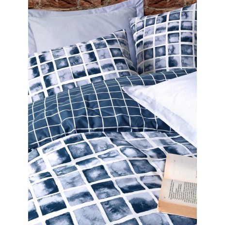 Lenjerie de pat dublu bumbac 100% Ranforce Palo Blue cu design modern în carouri albastre și albe