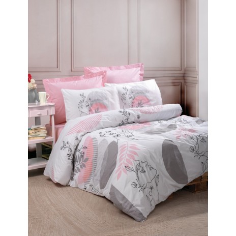 Lenjerie de pat din bumbac ranforce 100% cu model floral și frunze în nuanțe de roz și gri, decorată cu motive grafice delicate și accente feminine