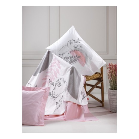 Lenjerie de pat din bumbac ranforce 100% cu model floral și frunze în nuanțe de roz și gri, decorată cu motive grafice delicate și accente feminine