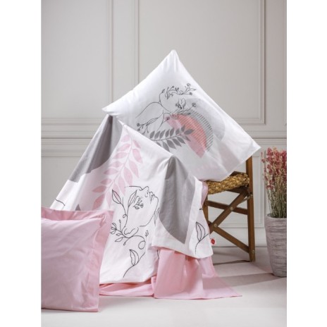 Lenjerie de pat din bumbac ranforce 100% cu model floral și frunze în nuanțe de roz și gri, decorată cu motive grafice delicate și accente feminine