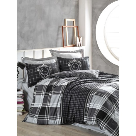 Lenjerie pat dublu bumbac 100% ranforce Cotton Box Ramos Anthracite, design modern în carouri și dungi în antracit, alb și gri.
