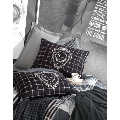 Lenjerie pat dublu bumbac 100% ranforce Cotton Box Ramos Anthracite, design modern în carouri și dungi în antracit, alb și gri.