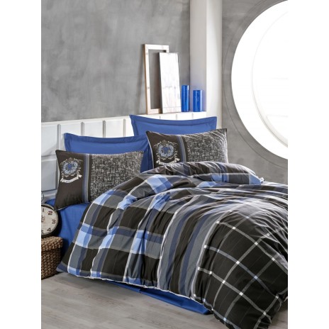 Lenjerie pat dublu bumbac 100% ranforce Cotton Box Roberto Anthracite, design modern în carouri și dungi în antracit, albastru și alb.