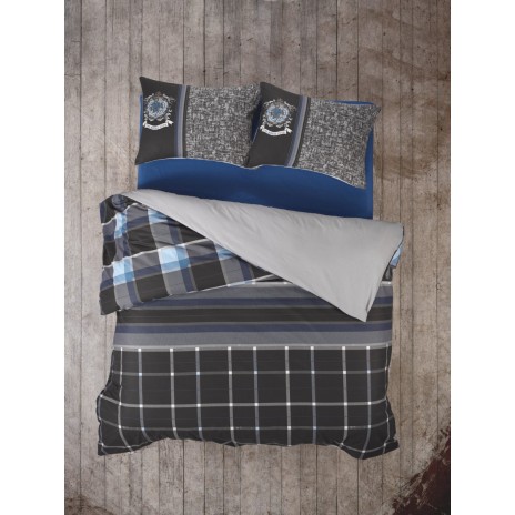 Lenjerie pat dublu bumbac 100% ranforce Cotton Box Roberto Anthracite, design modern în carouri și dungi în antracit, albastru și alb.