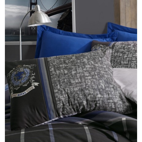 Lenjerie pat dublu bumbac 100% ranforce Cotton Box Roberto Anthracite, design modern în carouri și dungi în antracit, albastru și alb.