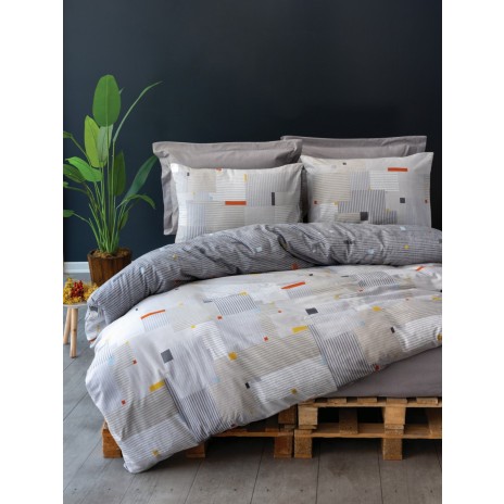 Lenjerie de pat Cottonbox din bumbac 100% ranforce, cu model geometric în nuanțe de gri, galben și portocaliu pe fundal gri deschis