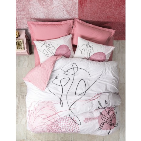 Lenjerie de pat din bumbac ranforce 100% cu model grafic și floral abstract în nuanțe de roz și alb, decorată cu linii artistice și accente moderne