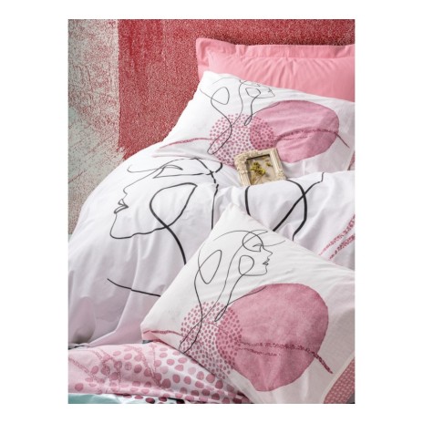 Lenjerie de pat din bumbac ranforce 100% cu model grafic și floral abstract în nuanțe de roz și alb, decorată cu linii artistice și accente moderne