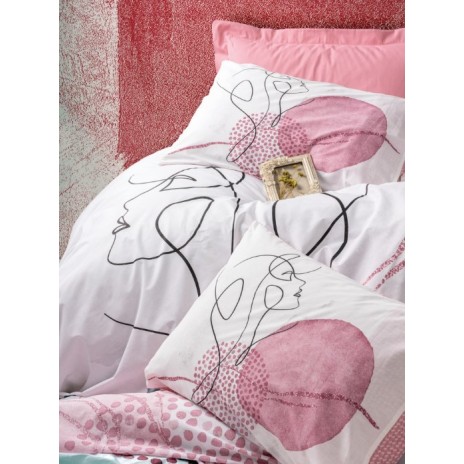 Lenjerie de pat din bumbac ranforce 100% cu model grafic și floral abstract în nuanțe de roz și alb, decorată cu linii artistice și accente moderne