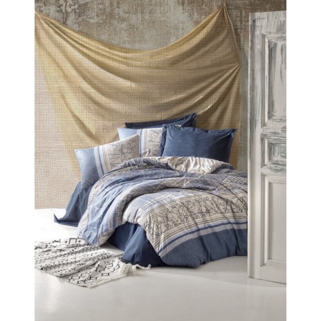 Lenjerie de pat dublu bumbac 100% ranforce cu design floral și dungi în nuanțe de albastru închis și bej, set de 4 piese