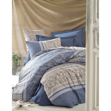 Lenjerie de pat dublu bumbac 100% ranforce cu design floral și dungi în nuanțe de albastru închis și bej, set de 4 piese