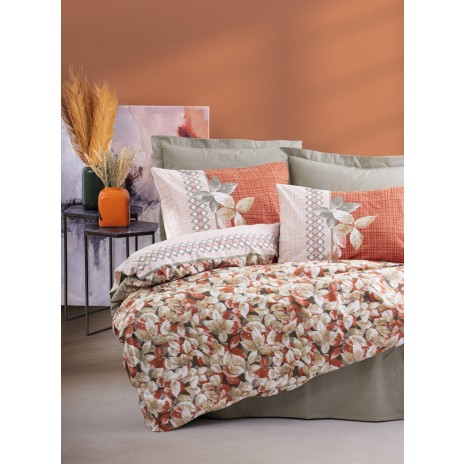 Lenjerie de pat Simeone-Mink cu nuanțe de maro, portocaliu și alb, frunze decorative