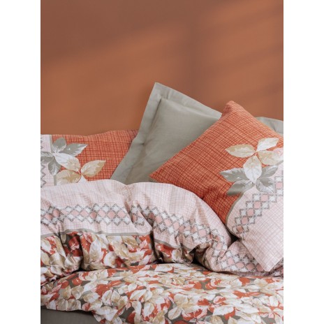 Lenjerie de pat Simeone-Mink cu nuanțe de maro, portocaliu și alb, frunze decorative