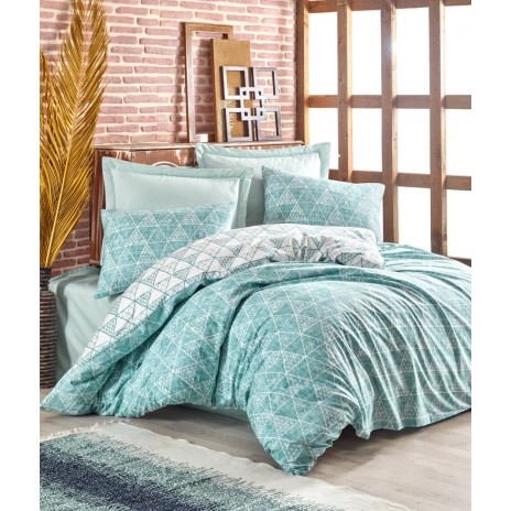 Lenjerie de pat dublu din bumbac 100% ranforce, model Cotton Box Sole Mint, cu motive geometrice în nuanțe de verde mentă și alb.
