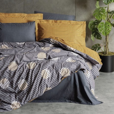 Lenjerie de pat Cottonbox Strew Grey din bumbac 100% ranforce, design modern în gri și galben, cu motive geometrice circulare și dungi
