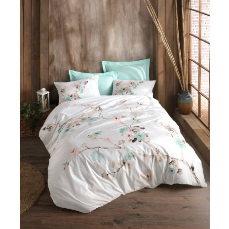Lenjerie de pat dublu din bumbac 100% ranforce, model Tender Mint, cu design floral verde mentă și roz pe fundal alb.