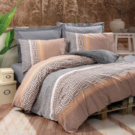 Lenjerie de pat Cotton Box din bumbac ranforce cu design geometric în nuanțe de maro, gri și bej
