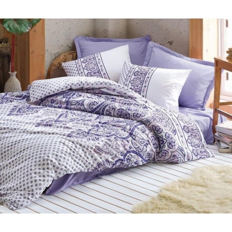 Lenjerie de pat dublu din bumbac 100% ranforce cu design paisley în nuanțe de lila și alb