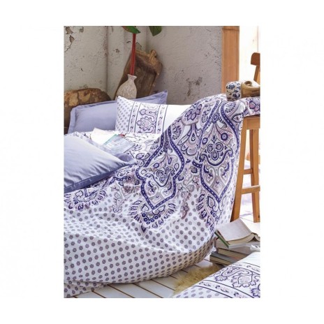 Lenjerie de pat dublu din bumbac 100% ranforce cu design paisley în nuanțe de lila și alb