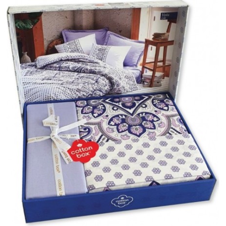 Lenjerie de pat dublu din bumbac 100% ranforce cu design paisley în nuanțe de lila și alb