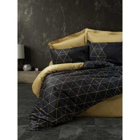 Lenjerie de pat Veta-Gold cu nuanțe de negru și auriu, modele geometrice elegante