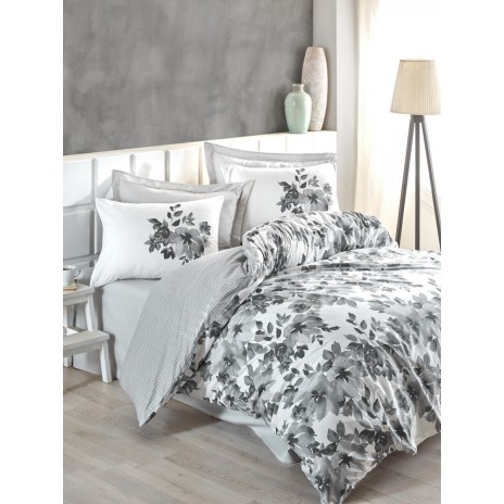 Lenjerie pat dublu bumbac 100% ranforce Cotton Box Volante Grey, design floral elegant în gri și alb.