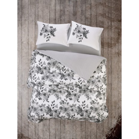 Lenjerie pat dublu bumbac 100% ranforce Cotton Box Volante Grey, design floral elegant în gri și alb.