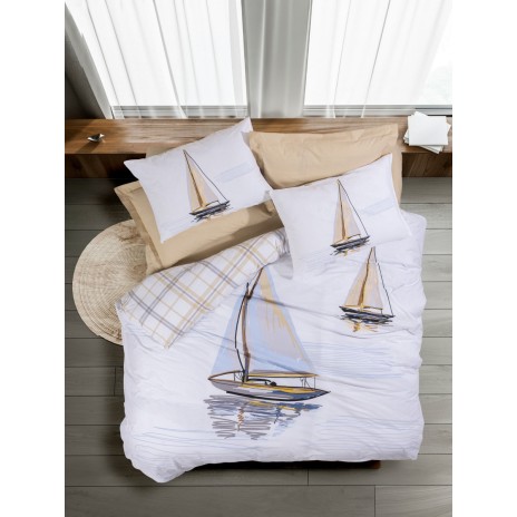 Lenjerie de pat din bumbac 100% ranforce, model Wind Beige, motive nautice și carouri în nuanțe de bej, alb și albastru