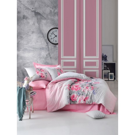 Lenjerie de pat dublu bumbac 100% ranforce roz și gri cu model floral de bujori - Cotton Box Fiona Pink