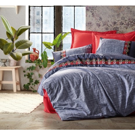 Lenjerie de pat dublu bumbac 100% Ranforce Folk Art Dark Blue cu broderii tradiționale colorate