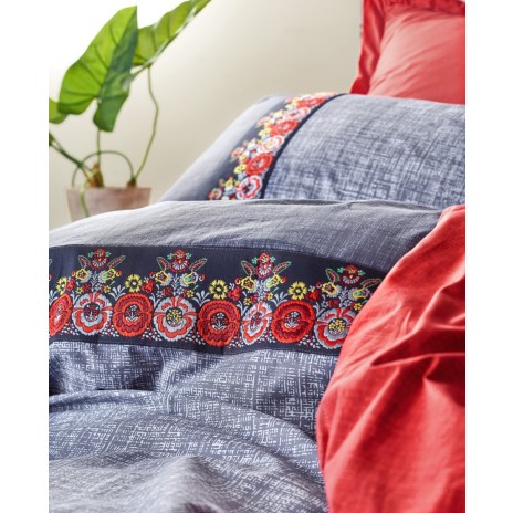 Lenjerie de pat dublu bumbac 100% Ranforce Folk Art Dark Blue cu broderii tradiționale colorate