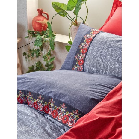 Lenjerie de pat dublu bumbac 100% Ranforce Folk Art Dark Blue cu broderii tradiționale colorate