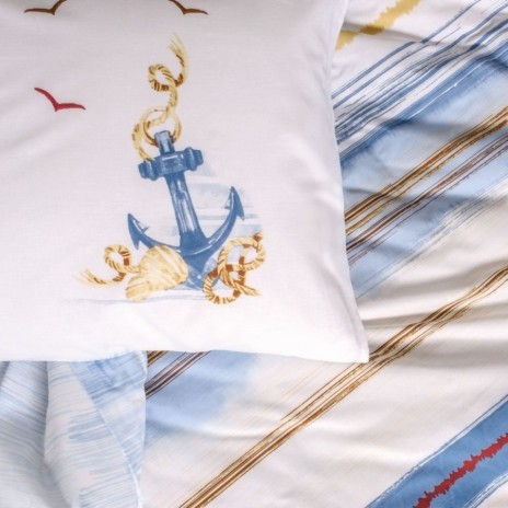 Lenjerie pat dublu bumbac ranforce, design nautic dungi albastre si ancore, Cotton Box