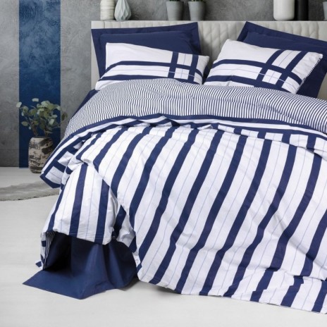 Lenjerie cu dungi pat dublu bumbac ranforce, bleumarin și alb, Cotton Box
