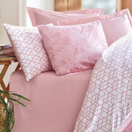Lenjerie pat dublu Cotton Box Best Pink bumbac ranforce cu elastic 180x200 cm model geometric roz pudra