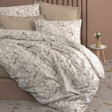 Lenjerie pat dublu Cotton Box Moil Bej din bumbac 100% ranforce, cu cearsaf elastic si model abstract cu cercuri bej si gri