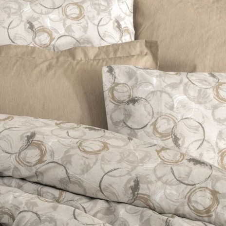Lenjerie pat dublu Cotton Box Moil Bej din bumbac 100% ranforce, cu cearsaf elastic si model abstract cu cercuri bej si gri