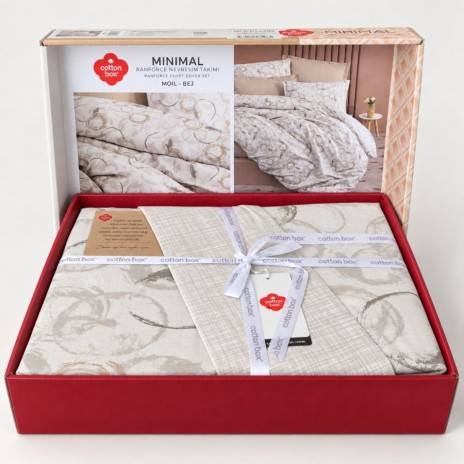 Lenjerie pat dublu Cotton Box Moil Bej din bumbac 100% ranforce, cu cearsaf elastic si model abstract cu cercuri bej si gri