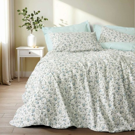 Lenjerie pat dublu Cotton Box Nola Mint bumbac 100% ranforce cu floricele  bleu-alb