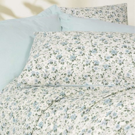 Lenjerie pat dublu Cotton Box Nola Mint bumbac 100% ranforce cu floricele  bleu-alb