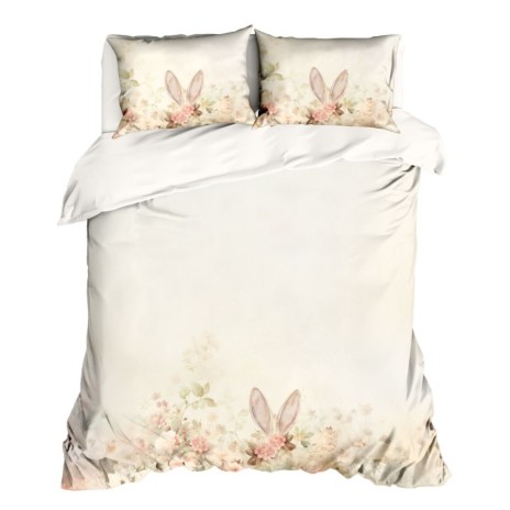 Lenjerie pat dublu 3D Paste bumbac 100% ranforce Elon floral pastel cu iepuras imprimeu digital
