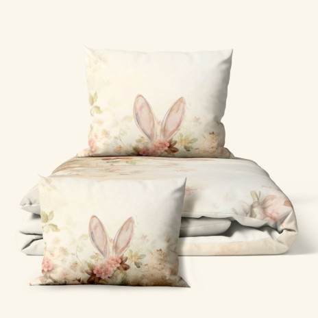 Lenjerie pat dublu 3D Paste bumbac 100% ranforce Elon floral pastel cu iepuras imprimeu digital