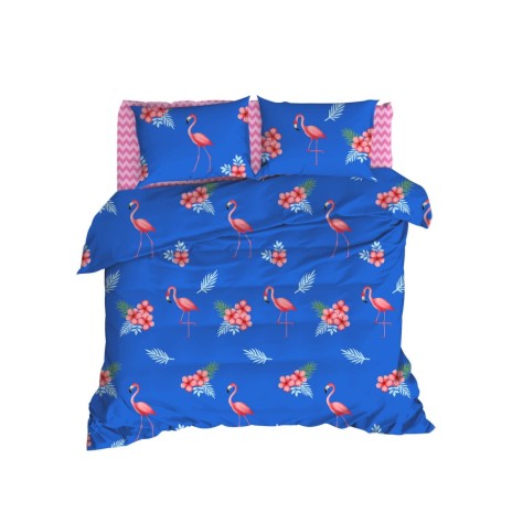 Lenjerie de pat Flemenco cu nuanțe de albastru, roz și alb, imprimeuri tropicale cu flamingo și flori
